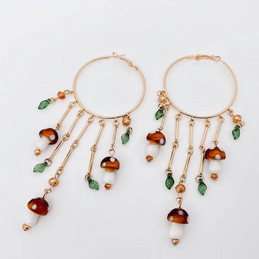 Mushroom Charm Tassel Large Ring Hoop Earrings